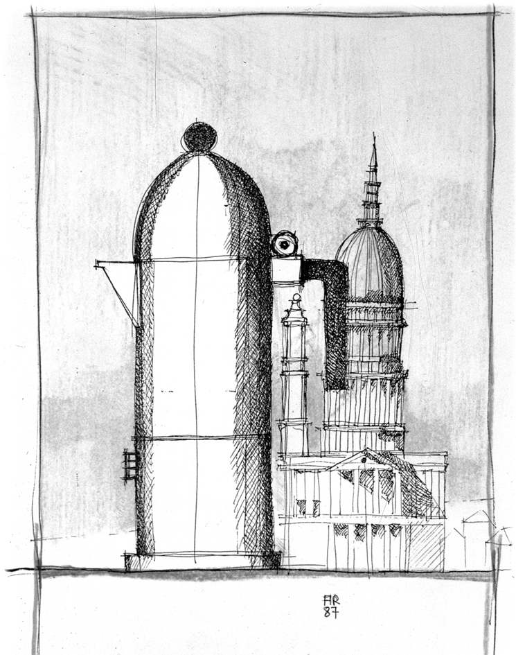 Aldo Rossi sketches the cupola, 1985